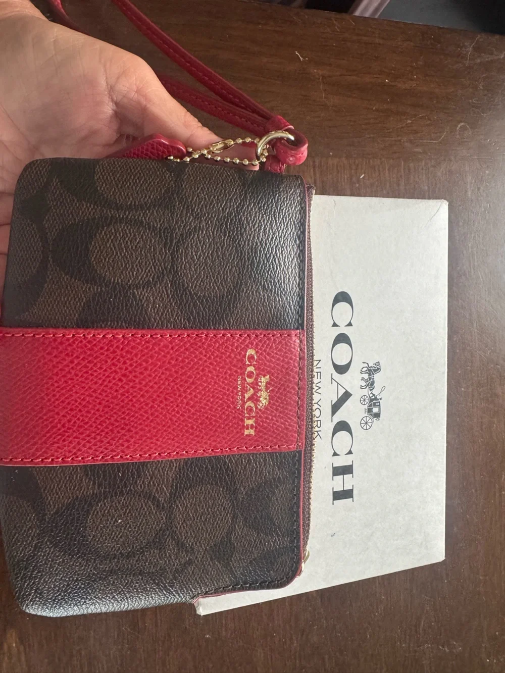 Coach Brown Signature Canvas Wristlet with Red Leather Stripe